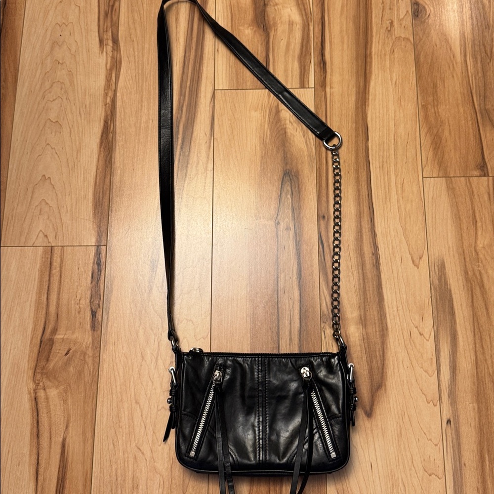 Black Leather Crossbody Bag with Chain Strap by Marc New York